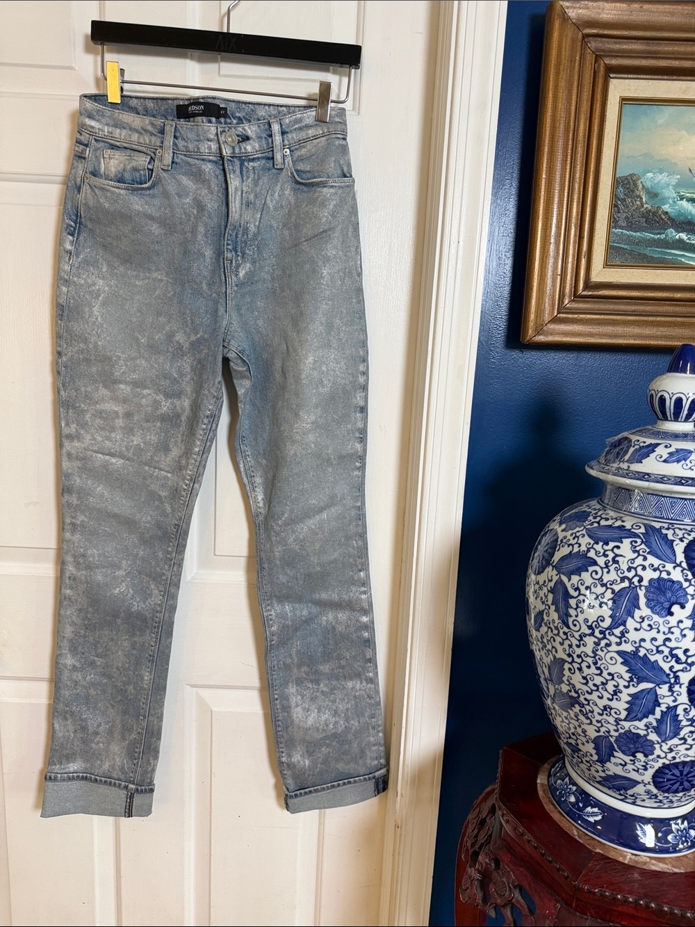 NWT Hudson Holly High Rise Straight Leg Silver Metallic Shimmer Coated Jean